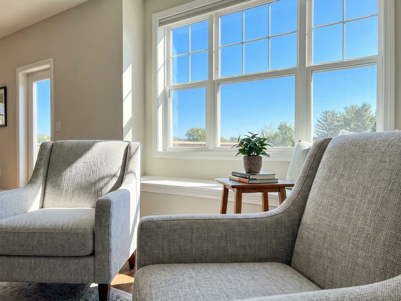 Clean light fabric sofa in a bright living room